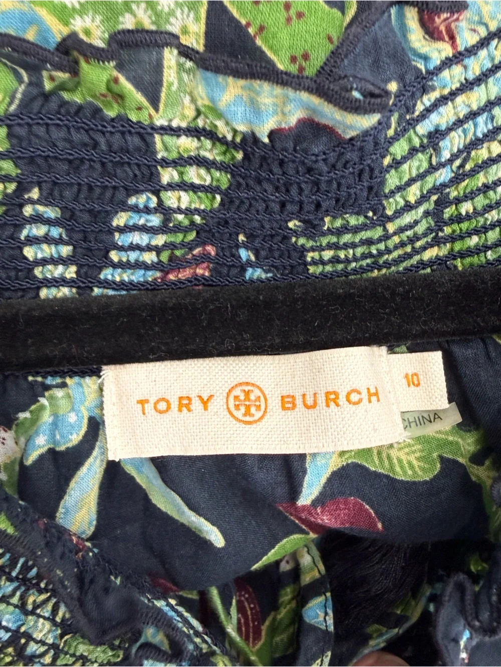 Tory Burch Floral Smocked Off Shoulder Cottage Blouse Cactus Print Navy Size 10